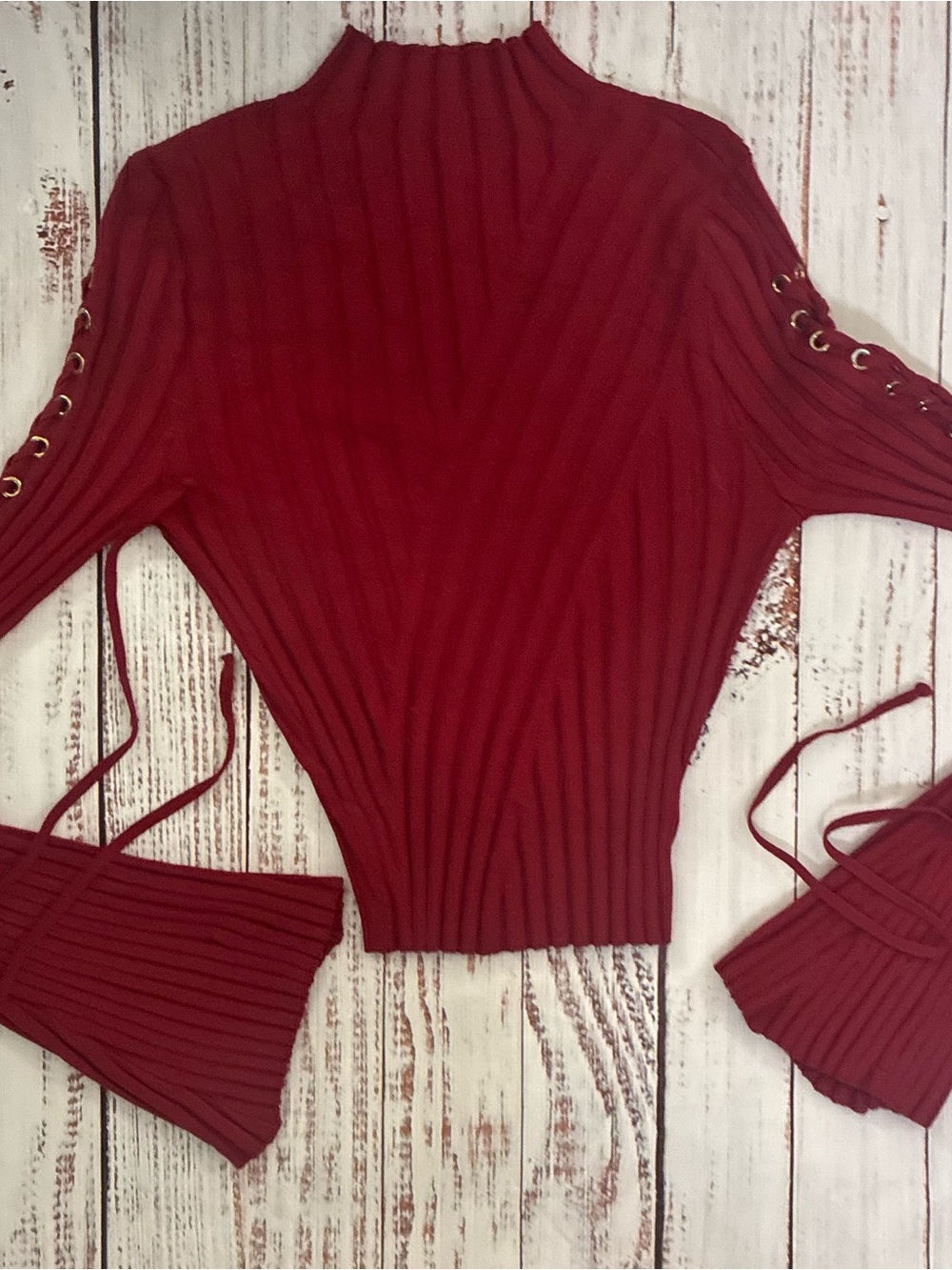 Ribbed Fashionova Y2K Lace-Up Sleeve Red Sweater Top